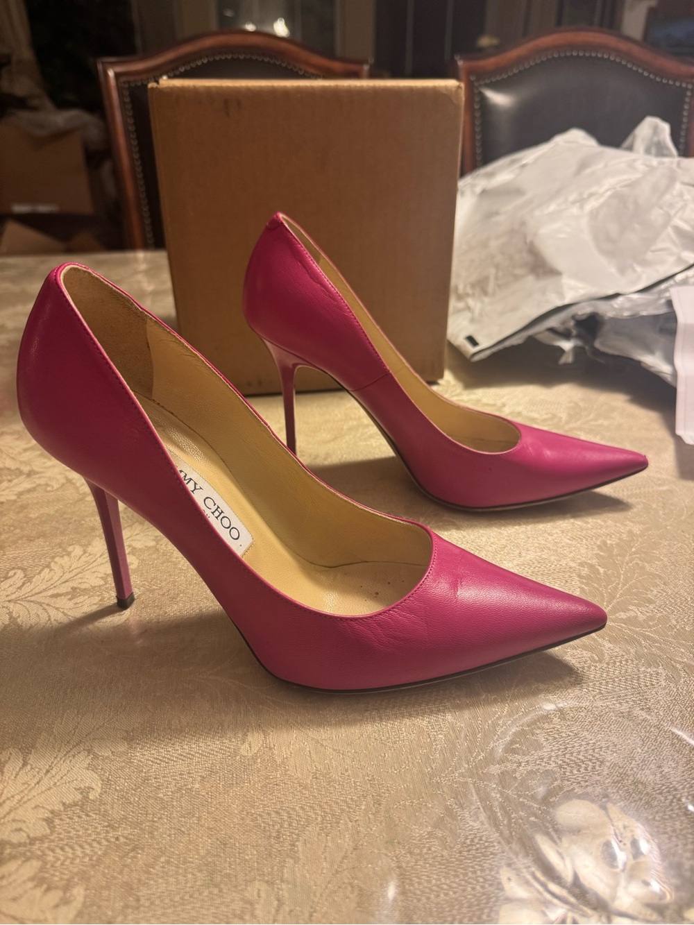 Breathtaking auth Jimmy Choo Hot Pink Leather Pointed Toe Pumps Heels 37.5 + COA - Picture 3 of 9